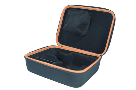 Black carrying case with brown trim on a white background